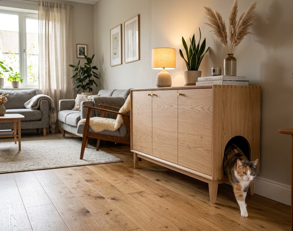 Kattenbakmeubel in een woonkamer