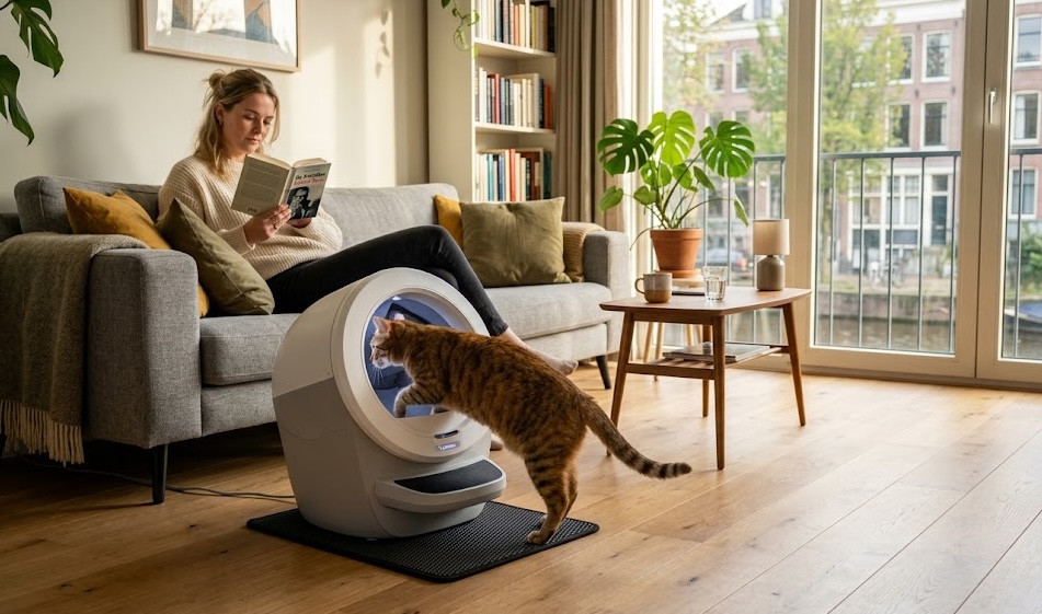 Kat bij een kattenbak in een modern interieur